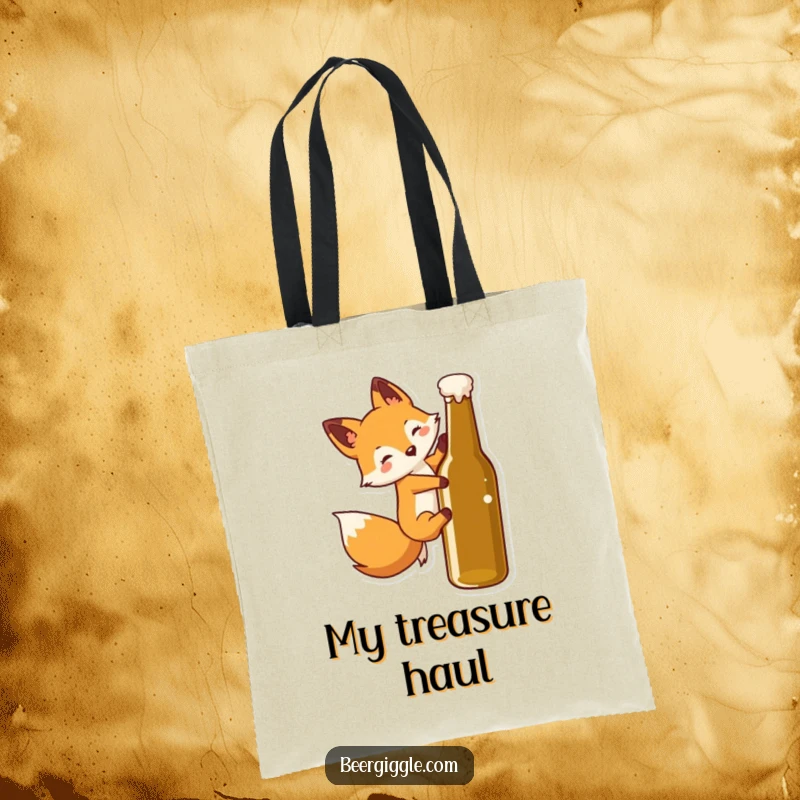 Funny Kawaii Fox Tote Bag: Cute fox character slides down a beer bottle; perfect for carrying items with a humorous flair.