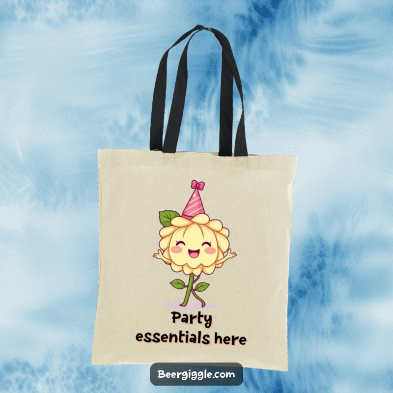 Funny hops flower tote bag, cheerful, wearing a tiny party hat, dancing, reusable bag, shopping accessory, humorous design.